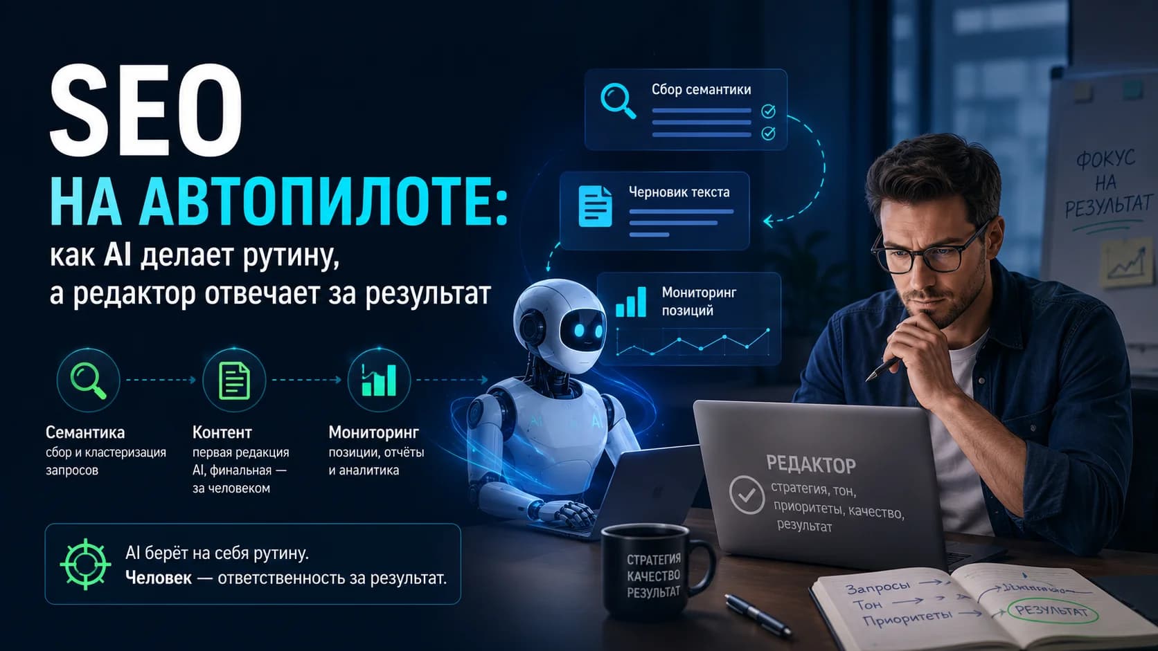 SEO на автопилоте: как AI делает рутину, а редактор отвечает за результат
